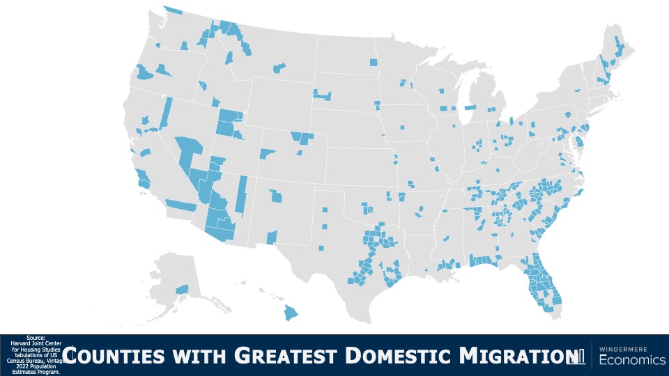 A map of the United States showing the counties with the greatest domestic migration. There are many in Florida and other states along the East Coast. There are several clusters throughout the Mountain West as well as a handful in East Texas.