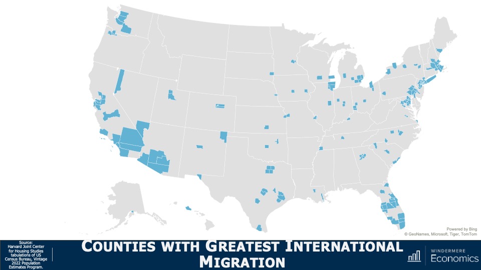 A map of the United States showing the counties with the greatest international migration. There are several counties represented in western Washington State, southern California, southwestern Arizona, and south Florida. There are a few dozen counties scattered throughout the Northeast.